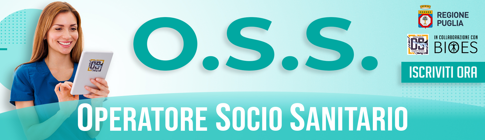 Immagine promozionale con Operatore socio sanitario donna scritta oss e pulsante iscriviti ora